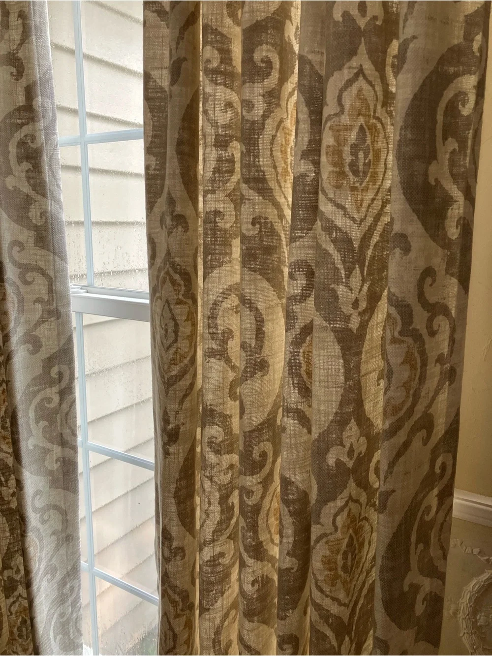 Hand Crafted Neutral Damask Curtain Panels in Beige and Taupe. Lined.